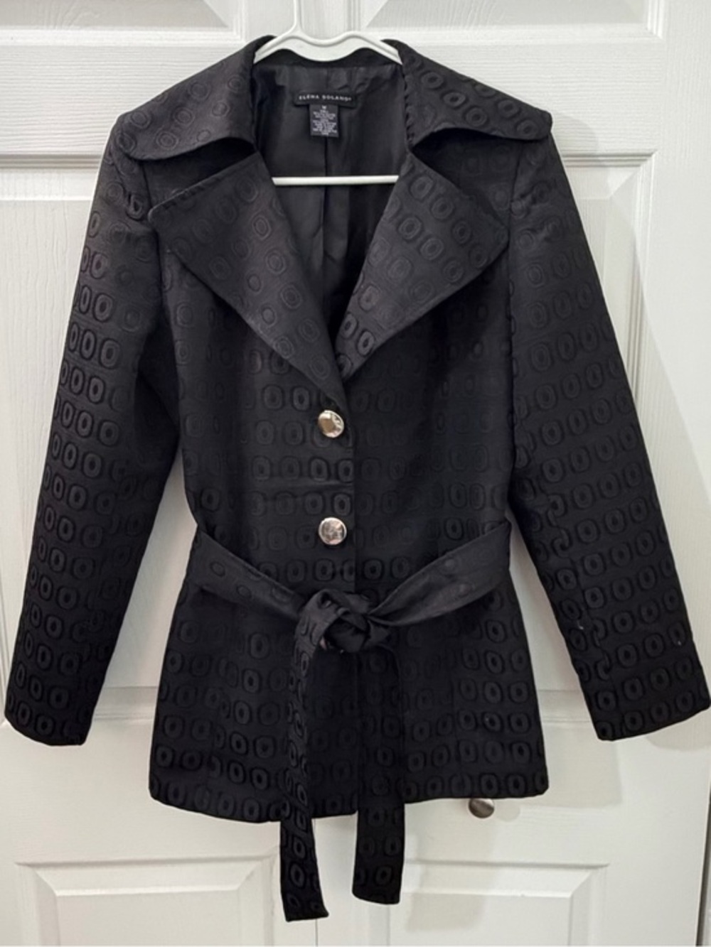 Elena Solano Black Jacquard Belted Trench Jacket Medium Geometric Statement Coat